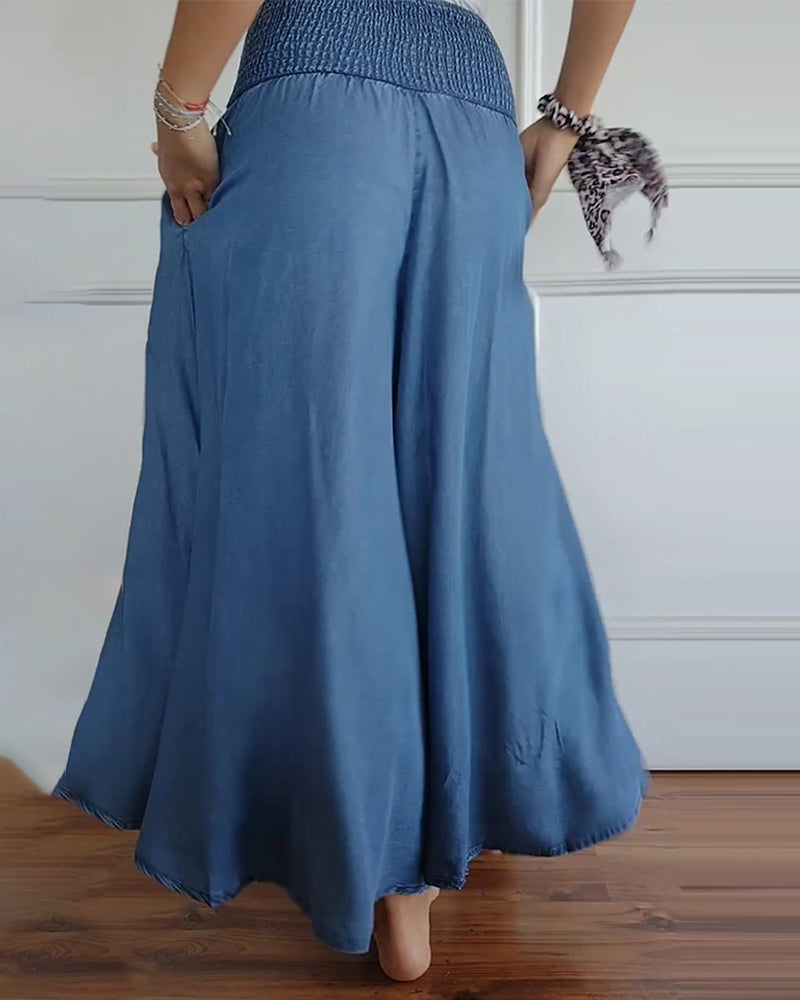 Dam Vida Byxkjol Elegant Bohemisk Stil med Hög Midja och Vida Ben – Perfekt för Vardag och Semester