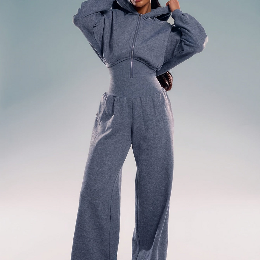 Dam jumpsuit med huva och dragkedja, vida ben