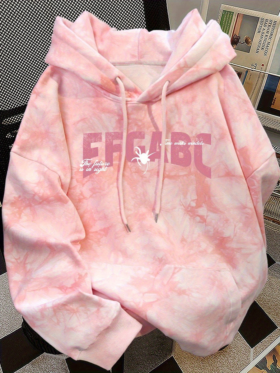 Rosa tie-dye hoodie med spindelmotiv och luva