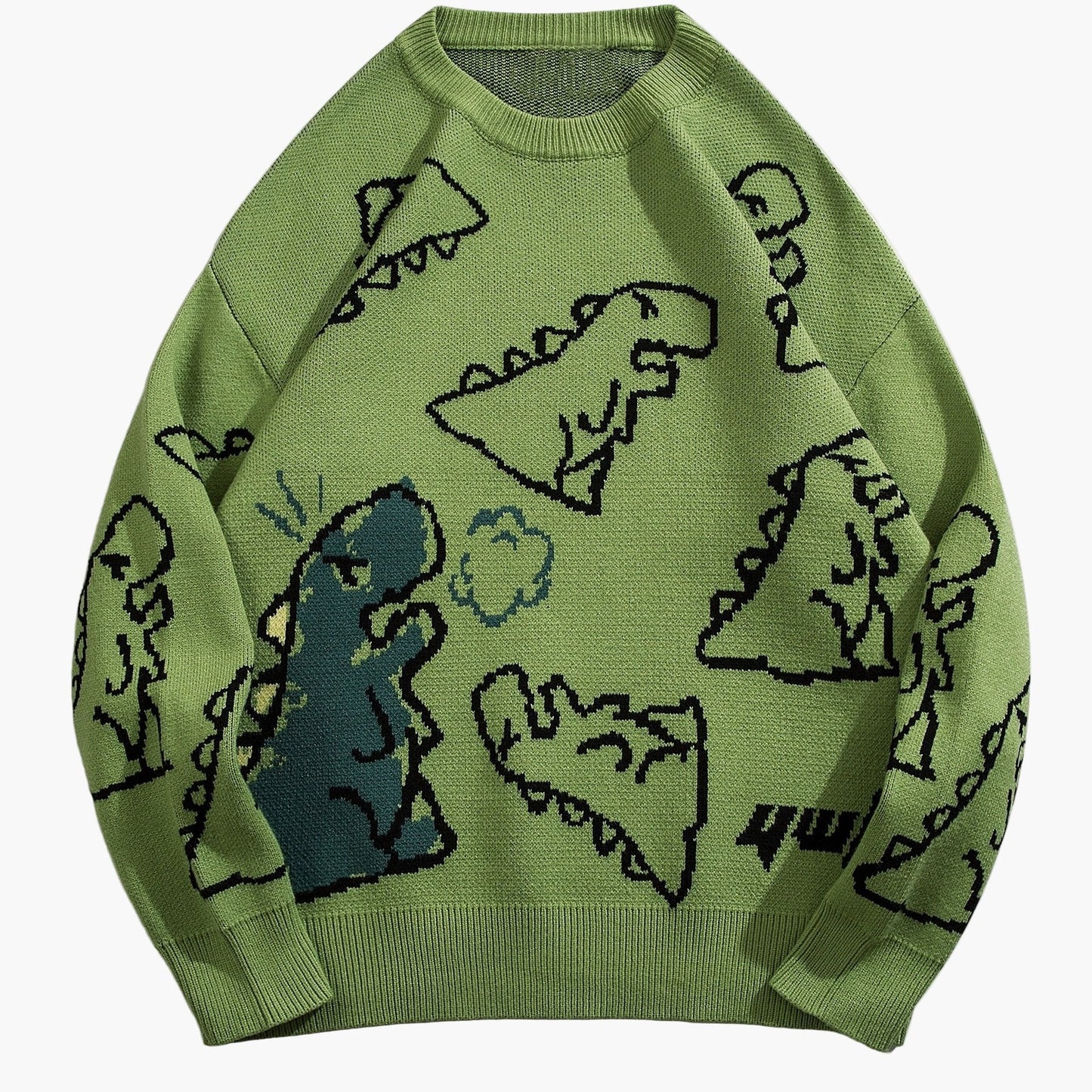 Herrtröja med tecknad dinosauriedesign, avslappnad streetwear för höst och vinter