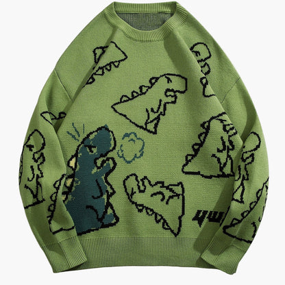 Herrtröja med tecknad dinosauriedesign, avslappnad streetwear för höst och vinter