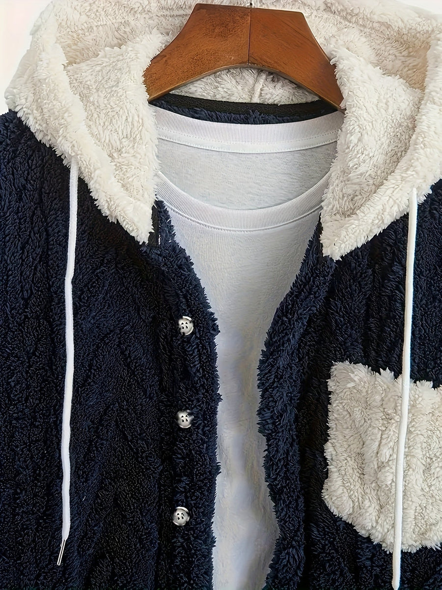 Hoodie i teddyfleece med knappar och ficka, fiskbensmönstrad