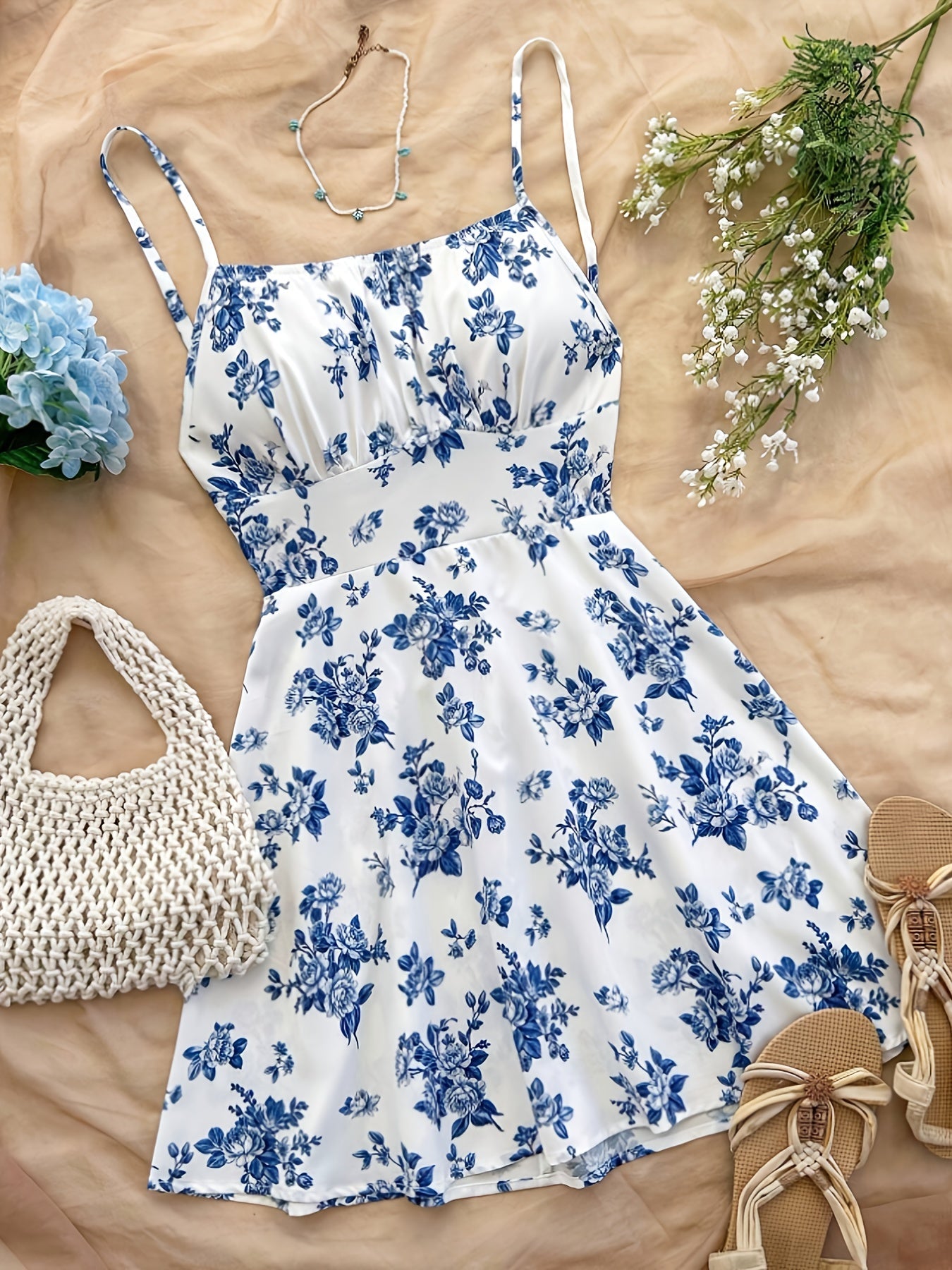 Damklänning med Blommigt Mönster och Spaghettiband – Perfekt för Sommar och Semester