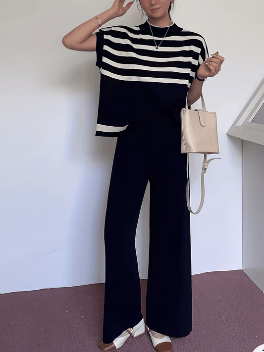 Dam Set Elegant Randig Topp och Vida Byxor för Vår/Sommar - Avslappnad Chic Outfit