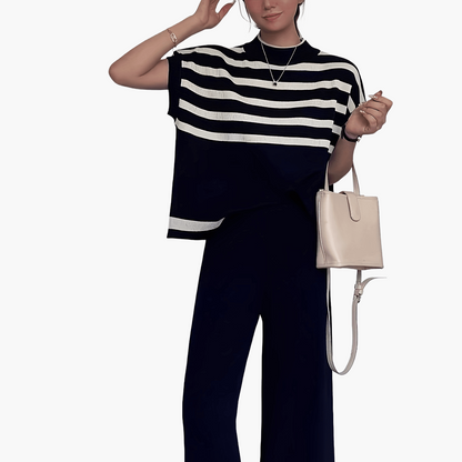 Dam Set Elegant Randig Topp och Vida Byxor för Vår/Sommar - Avslappnad Chic Outfit