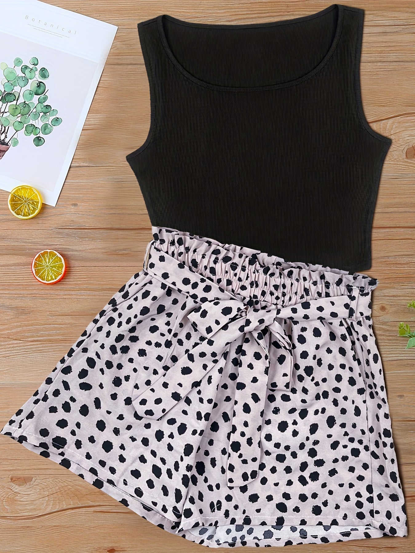 Dam Shorts Set med Prickigt Mönster och Elegant Linne – Perfekt för Vår och Sommar
