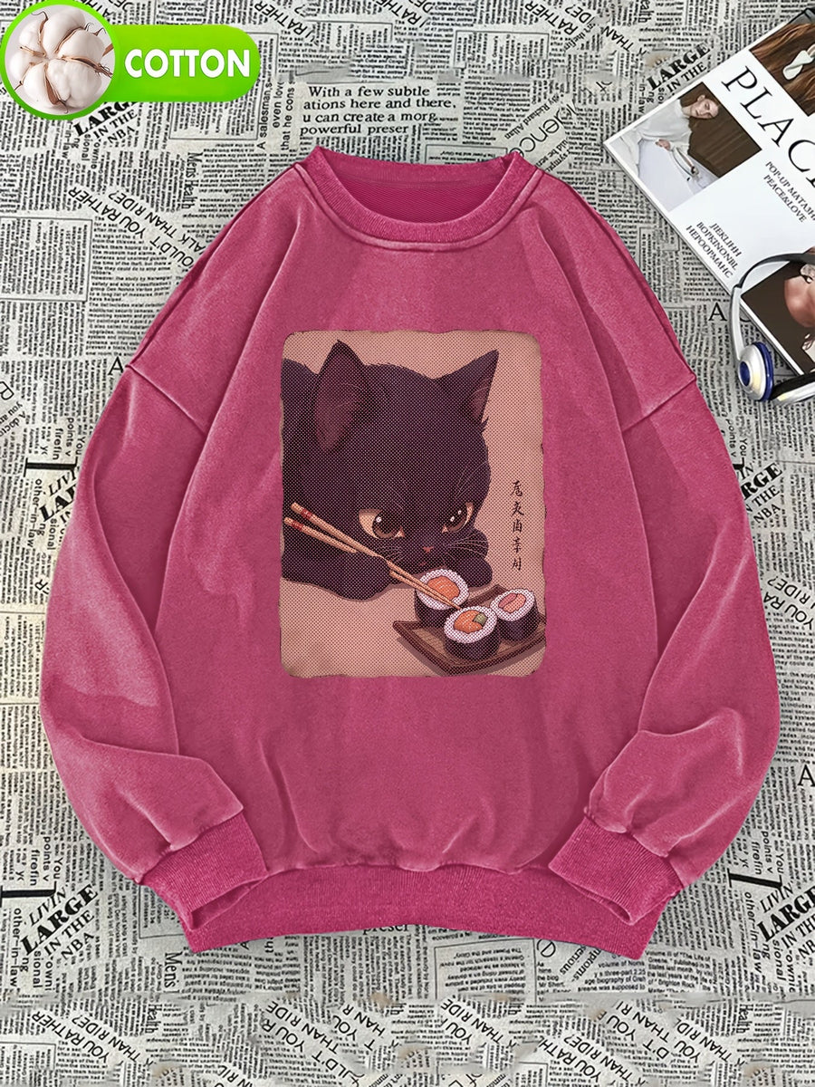 Unisex Tröja med Svart Kattmotiv som Äter Sushi, Långärmad Översize Sweatshirt