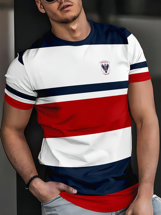 Herr T-shirt med breda ränder och avslappnad universitetsstil – Perfekt för vardagsbruk och sport