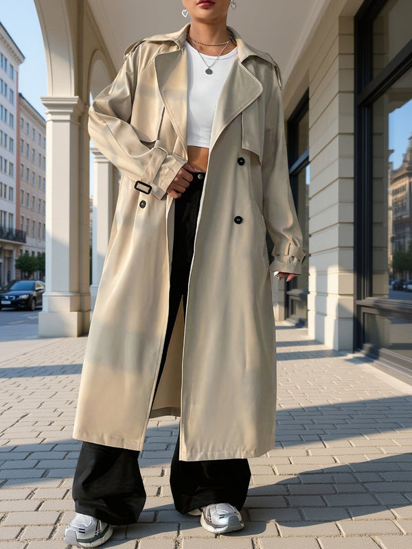 Dam Trenchcoat Lång Beige Dubbelknäppt med Skärpdetalj