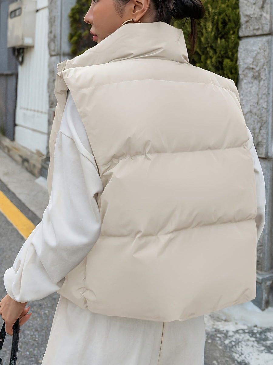 Kort Puffer Väst med Hög Krage för Dam, Beige