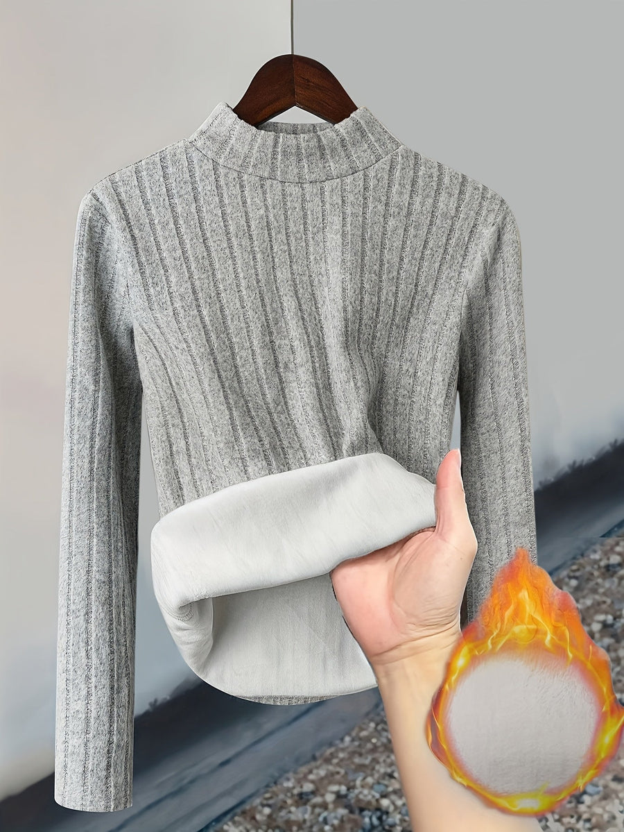 Ribbstickad Damtröja med Foder, Hög Hals & Lång Ärm, Varm