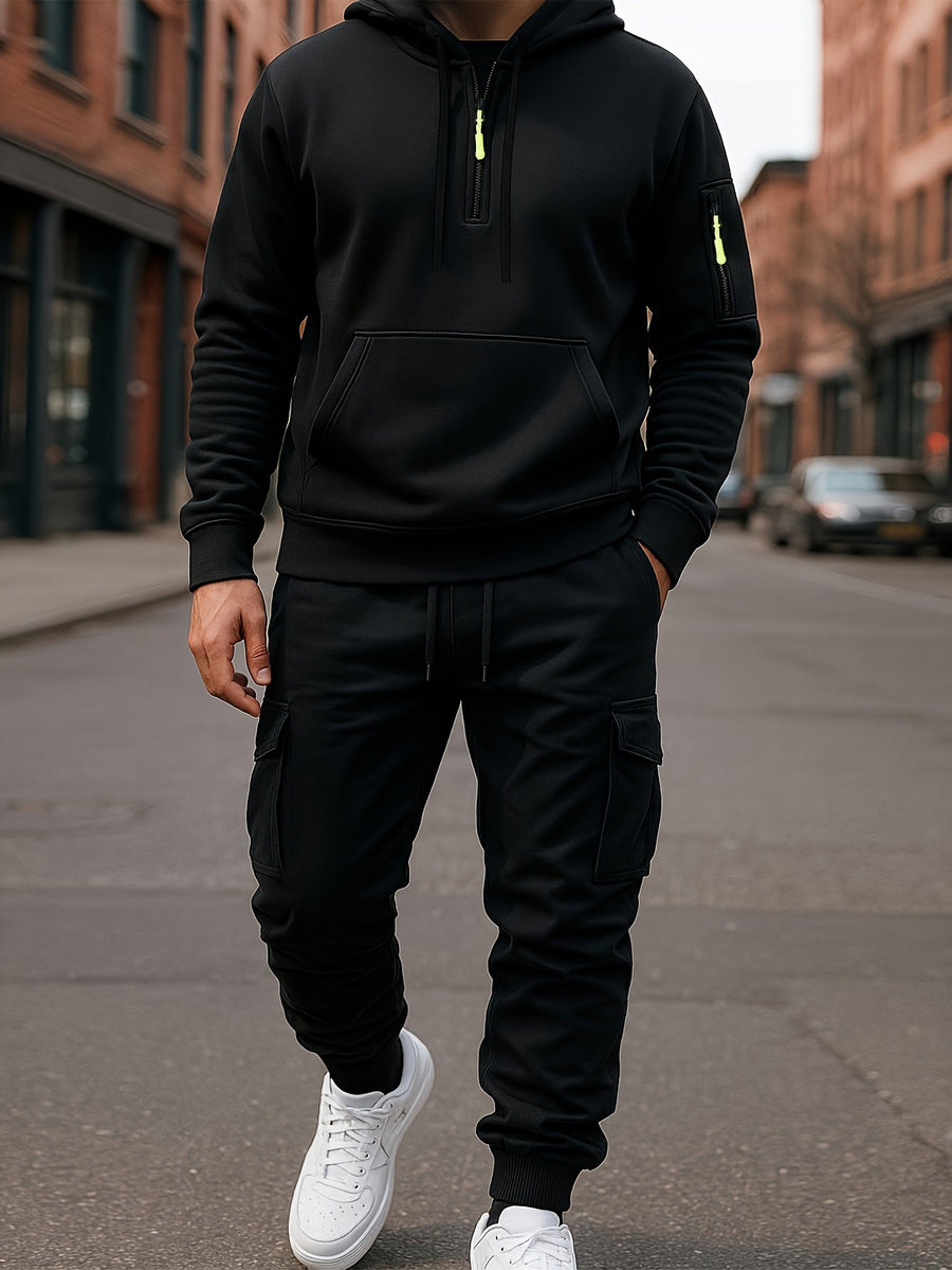 Grå herr hoodie och cargobyxa set med kvartsdragkedja och fickor