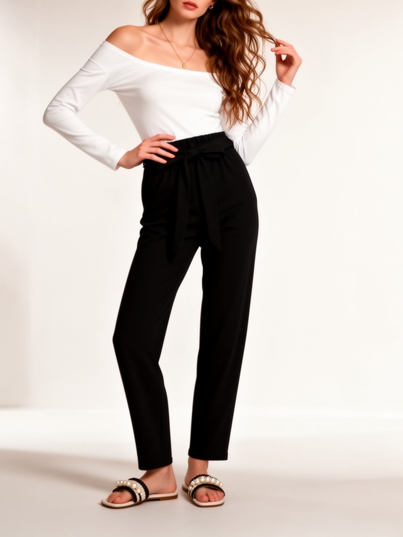 Dam Elegant Off-Shoulder Topp och Slacks Set – Perfekt för Vardagsbruk och Fest