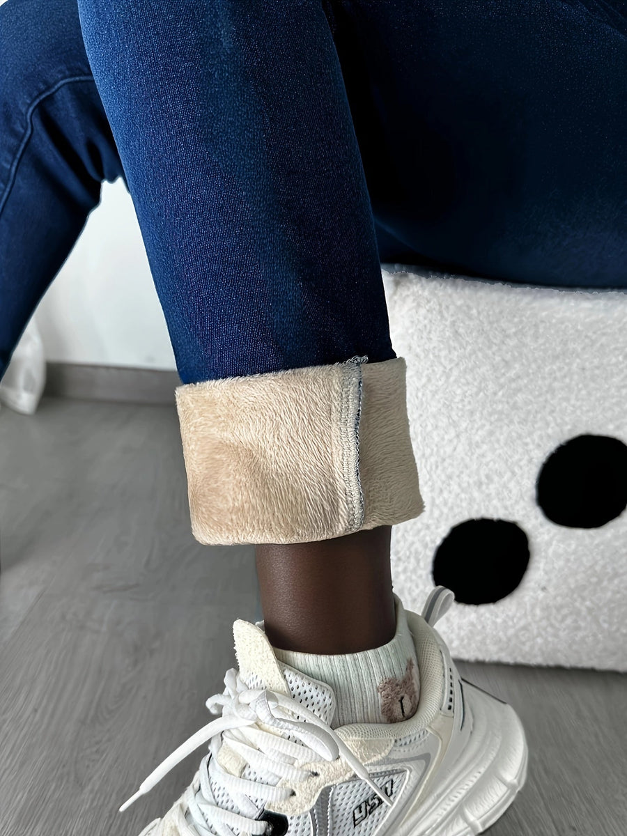 Svarta jeansleggings med foder, stretchiga termobyxor med hög midja