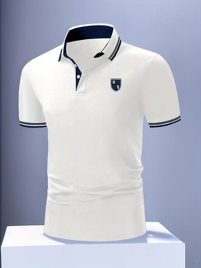 Herr Pikétröja Casual Polo Kort Ärmskjorta med Emblem – Modern Stil för Vardagsbruk