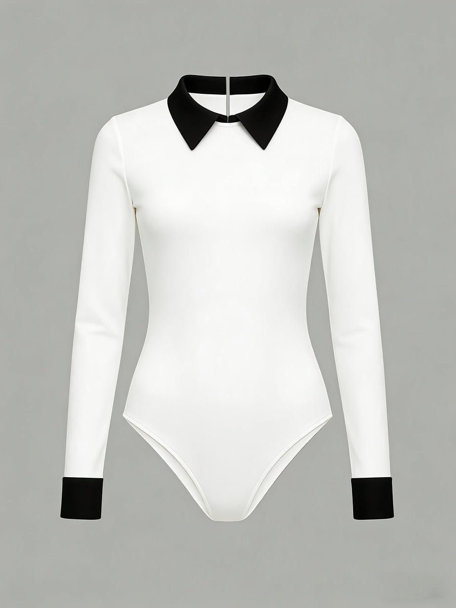 Långärmad bodysuit med kontrastkrage och manschetter för dam