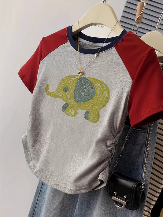 Dam T-shirt med Y2K-stil och elefantmönster – Kort ärm, Trendig vardagströja