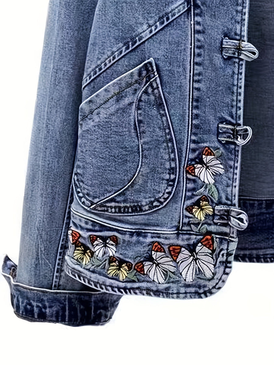 Jeansjacka med mandarin-krage och broderade fjärilar för dam