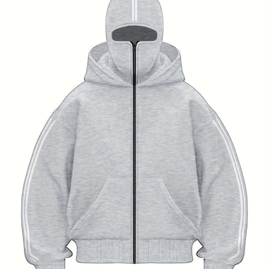 Hoodie med dragkedja och integrerad balaklava, vita ränder