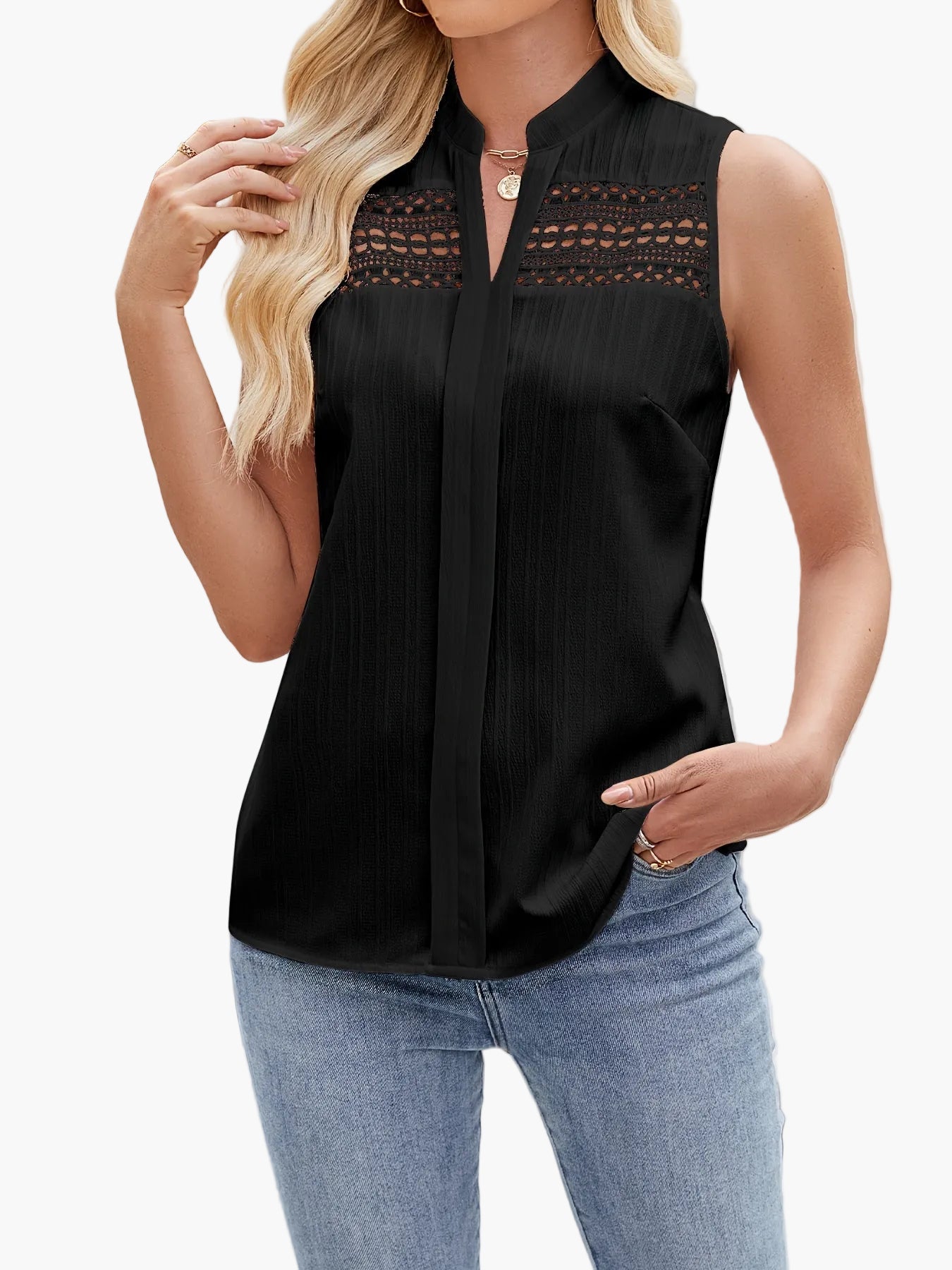 Damblus utan ärm med spetsdetaljer, elegant vardagstopp, sommarstil