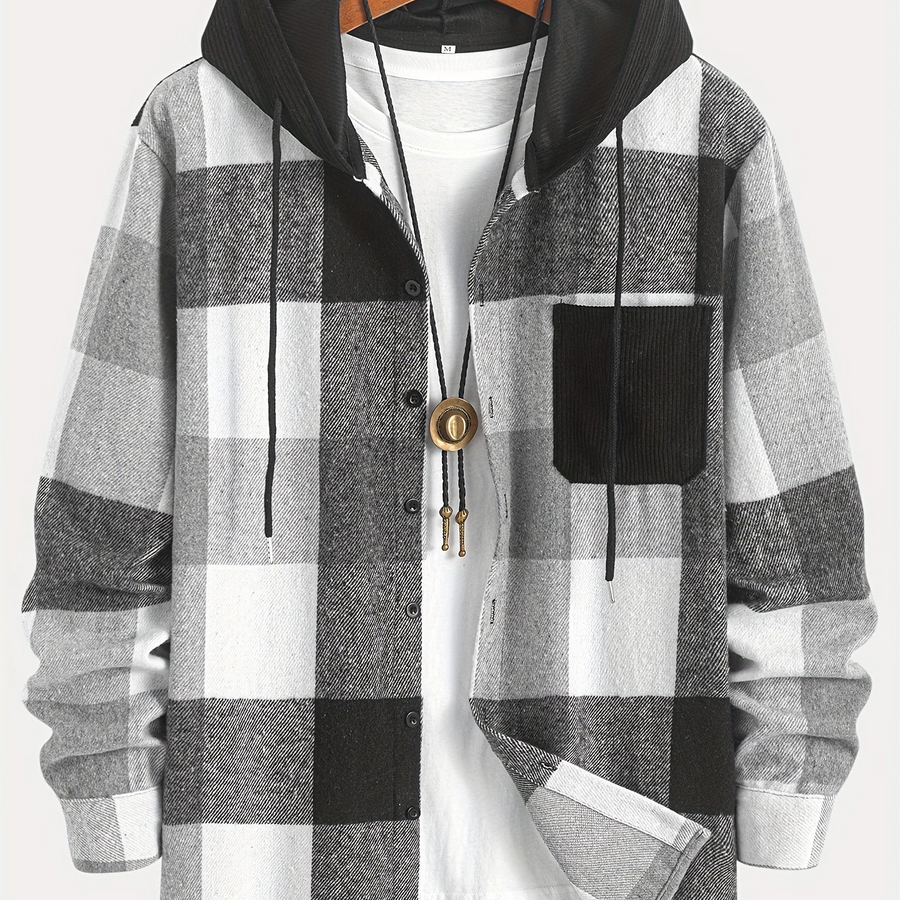 Rutig Overshirt med Huva för Herr, Brun Corduroy Huva och Bröstficka, Knappstängning