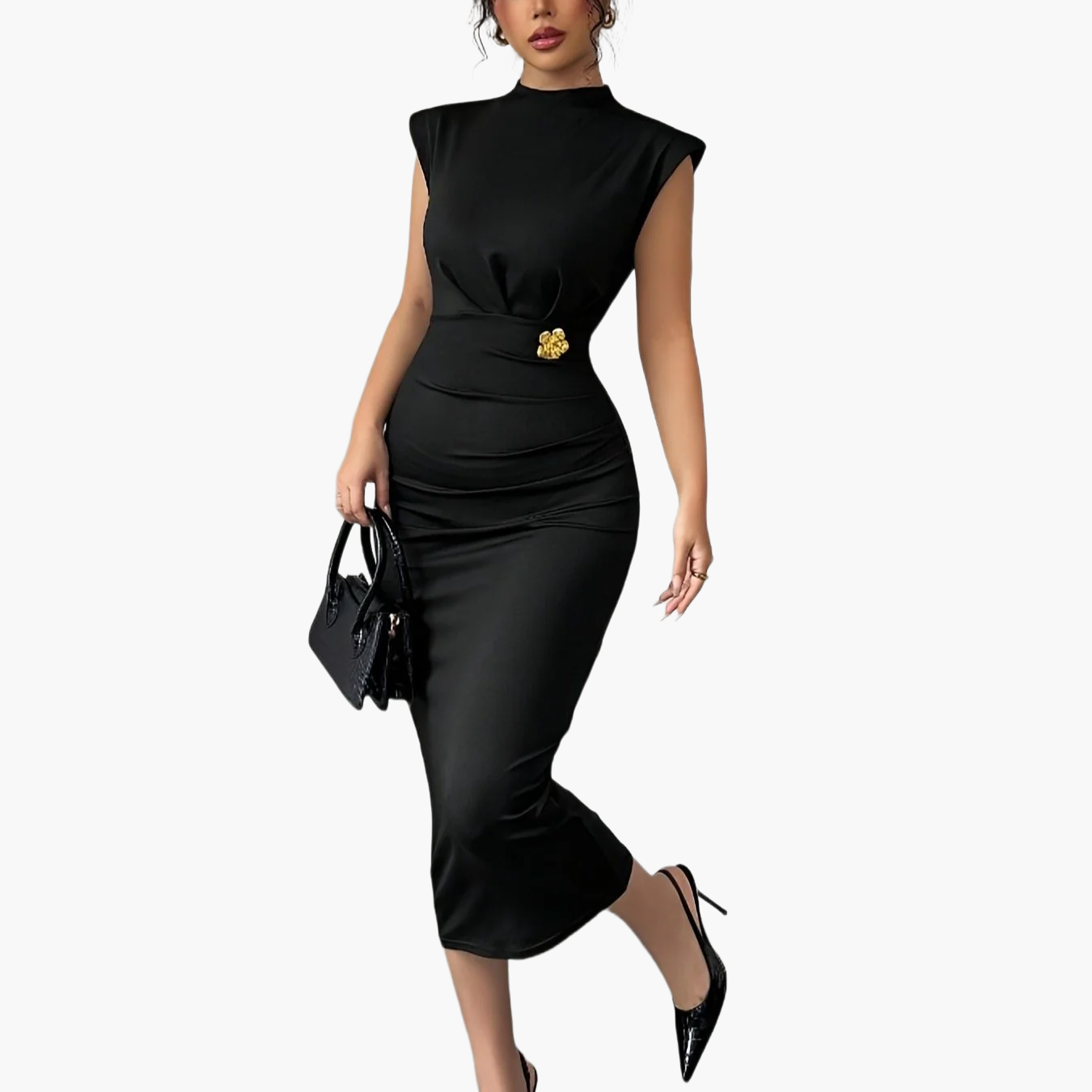 Dam Elegant Bodycon Klänning med Hög Hals och Dekorativ Detalj – Perfekt för Fest och Kväll