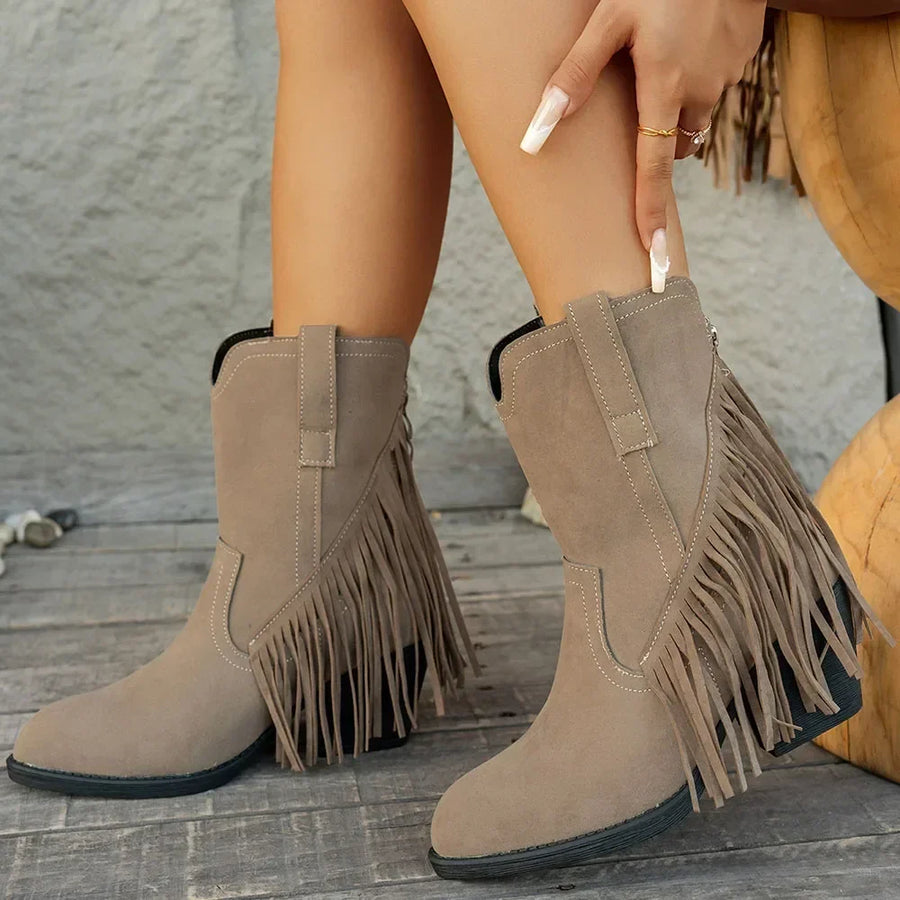 Dambooties med fransar och blockklack