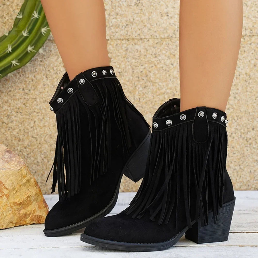 Dambooties med fransar och blockklack