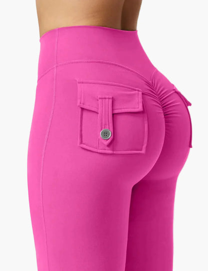 Dam Cargo Bootcut Träningsleggings med Fickor och Rumplyftande Effekt – Perfekta för Gym och Aktiv Livsstil