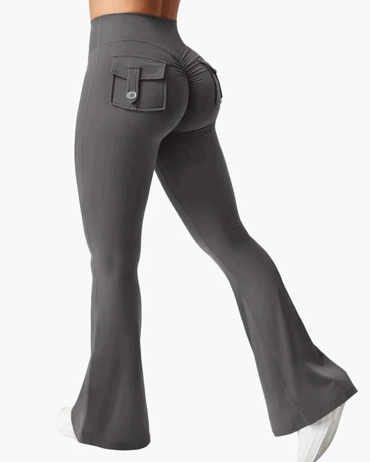 Dam Cargo Bootcut Träningsleggings med Fickor och Rumplyftande Effekt – Perfekta för Gym och Aktiv Livsstil