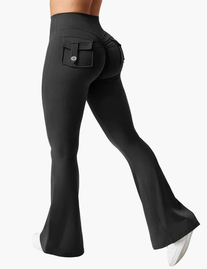 Dam Cargo Bootcut Träningsleggings med Fickor och Rumplyftande Effekt – Perfekta för Gym och Aktiv Livsstil