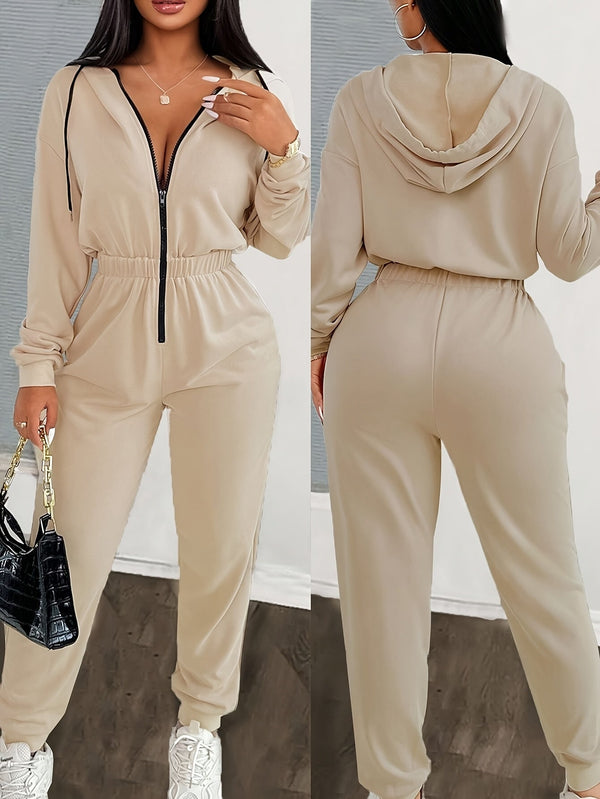 Dam jumpsuit med huva, lång dragkedja och resår i midjan - Beige