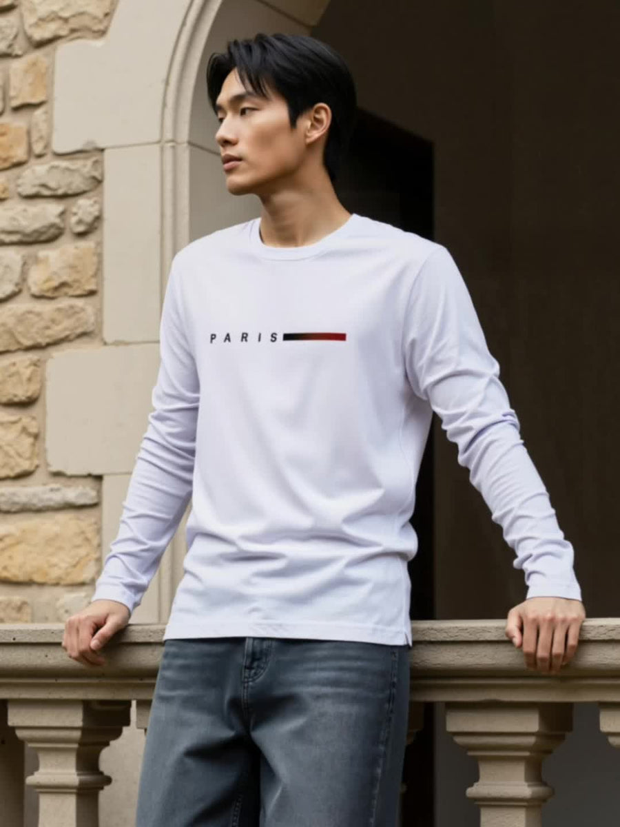 Set om 3 långärmade T-shirts med "PARIS" tryck - Grå, Vit och Svart