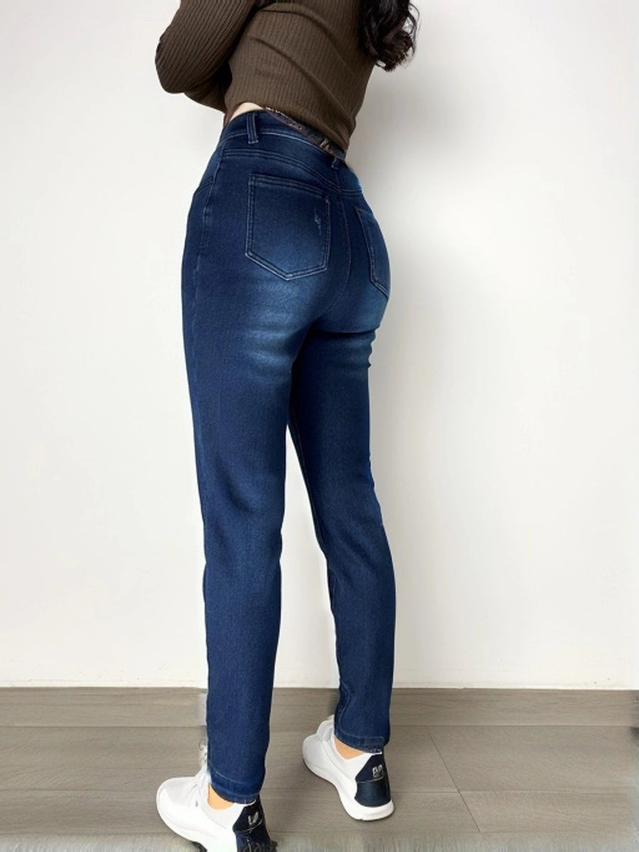 Svarta jeansleggings med foder, stretchiga termobyxor med hög midja