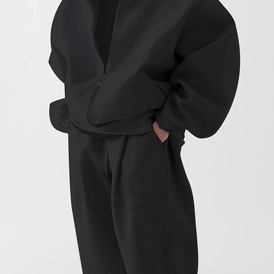 Hoodie och Mjukisbyxor Set, Ensfärgad Träningsset med Dragkedja