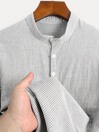 Herr Kortärmad Randig Henley Skjorta med Mandarin Krage – Modern Avslappnad Stil