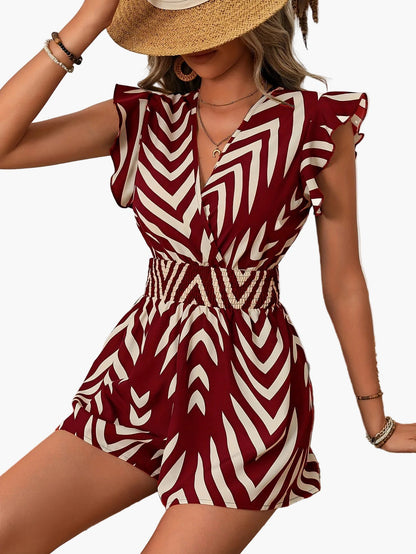 Dam Elegant Sommar Playsuit med Volangärmar och V-ringning – Perfekt för Semester och Fritid