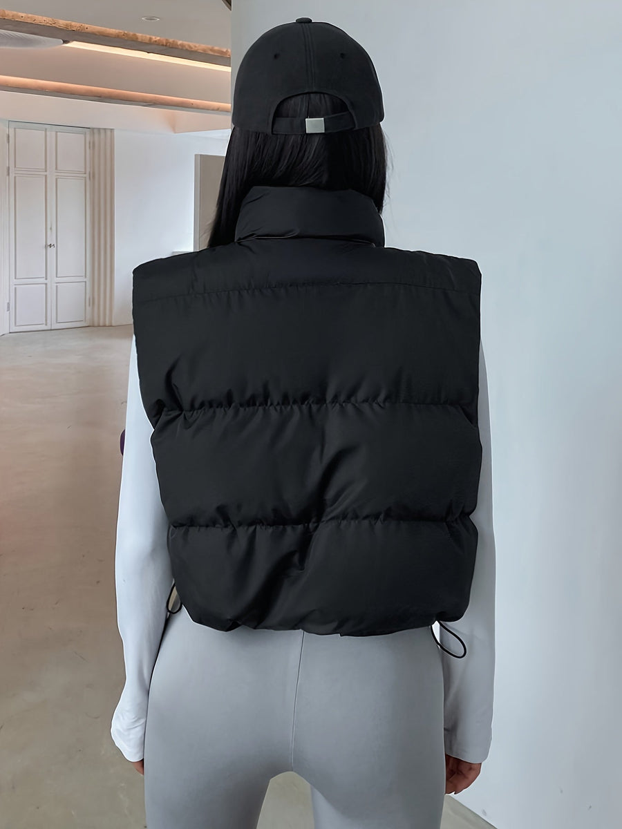 Svart Puffer Väst med Hög Krage och Dragsko