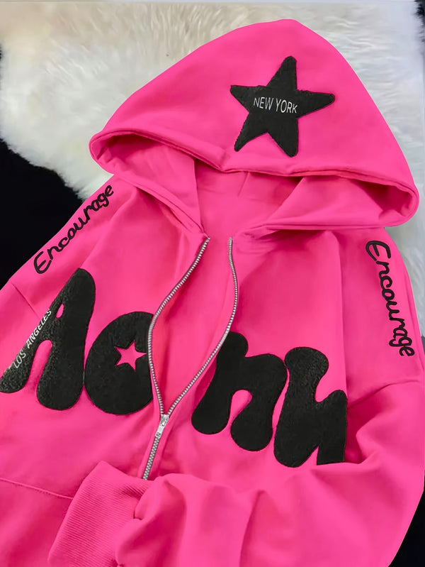 Rosa dragkedjehoodie med stjärna och text