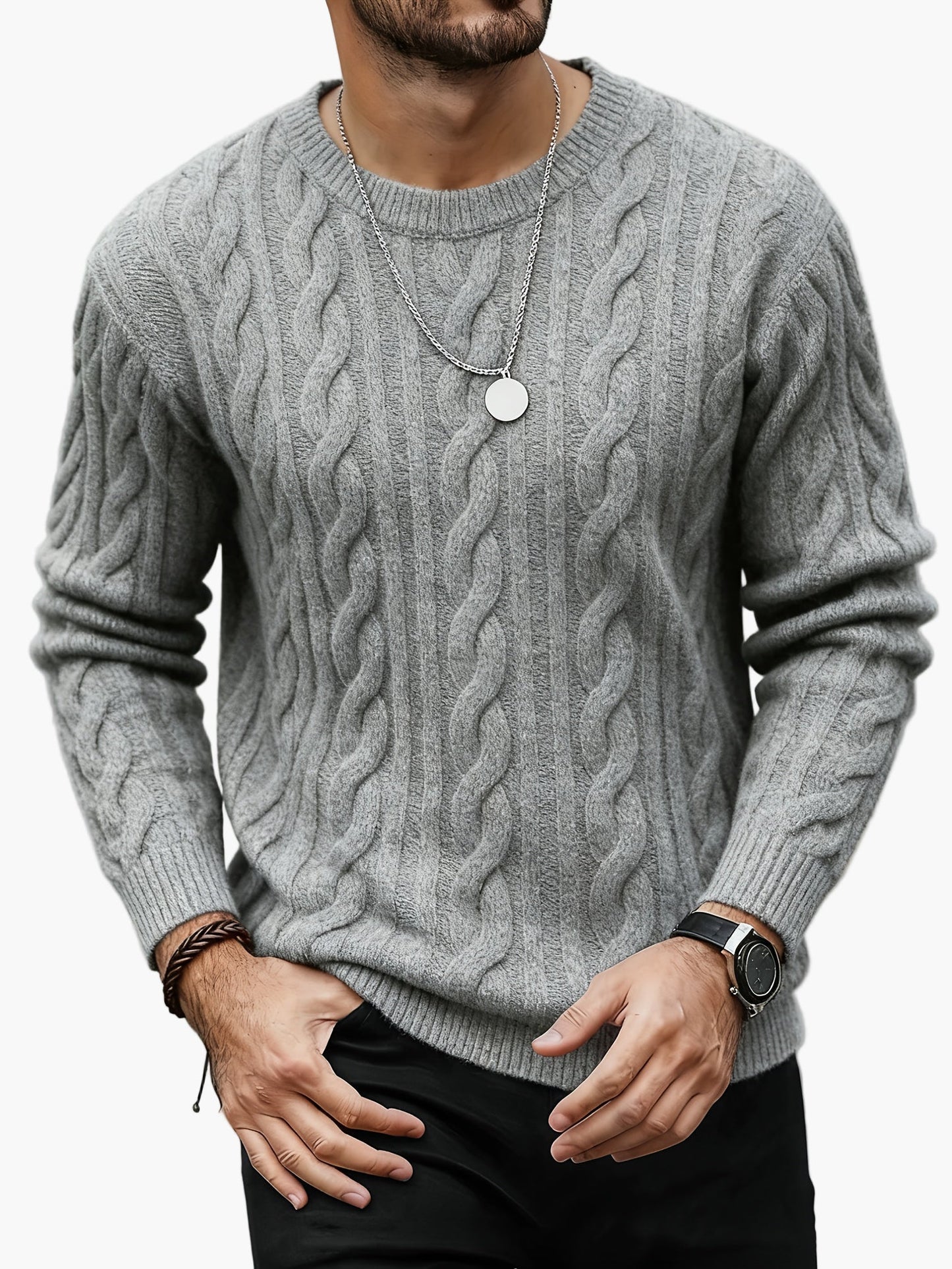 Herr Stickad Kabelmönstrad Tröja – Modern och Varm för Höst och Vinter, Casual Stil