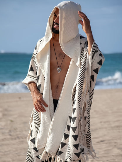 Herr Poncho Strand Kaftan med Geometriskt Mönster och Huvud – Bohemisk Festivalstil