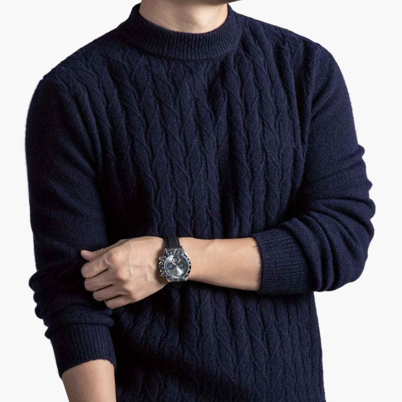 Herrtröja med kabelstickad design – Elegant vardagsstil, lång ärm, höst/vinter