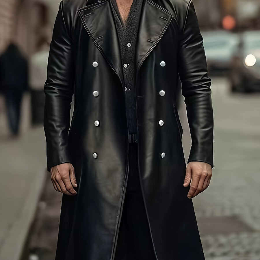 Svart lång trenchcoat för herrar med dubbelknäppning
