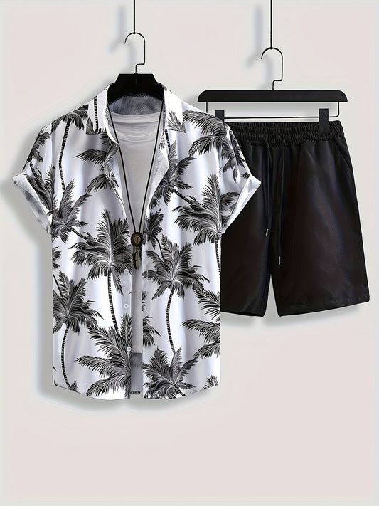 Herrset – Somrig semesterlook med palmtryck, kortärmad skjorta och shorts, avslappnad stil för fritid och strand