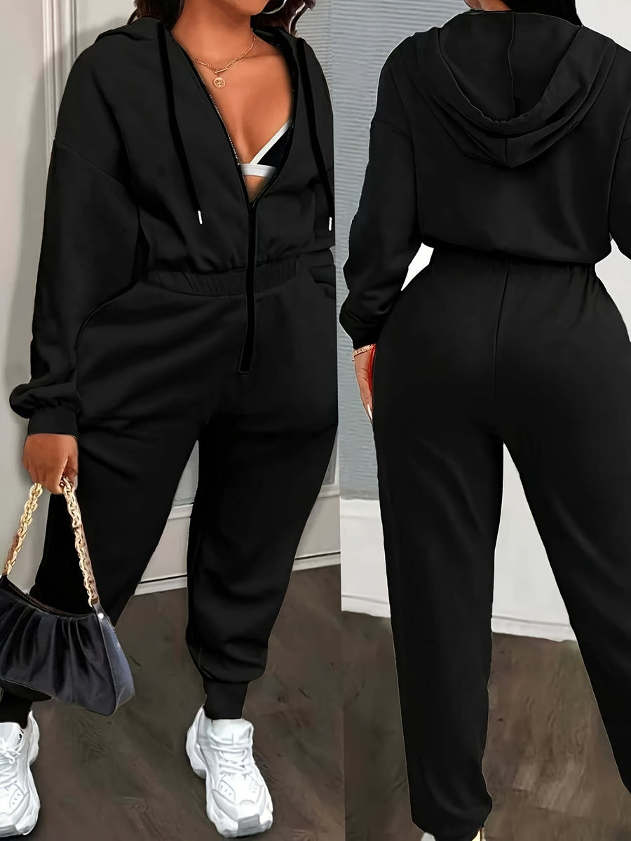 Dam jumpsuit med huva, lång dragkedja och resår i midjan - Beige