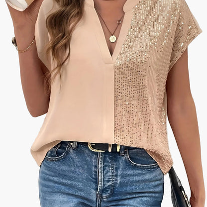 Dam Elegant Blus med Paljettdetaljer och V-ringning – Perfekt för Kontor och Fest