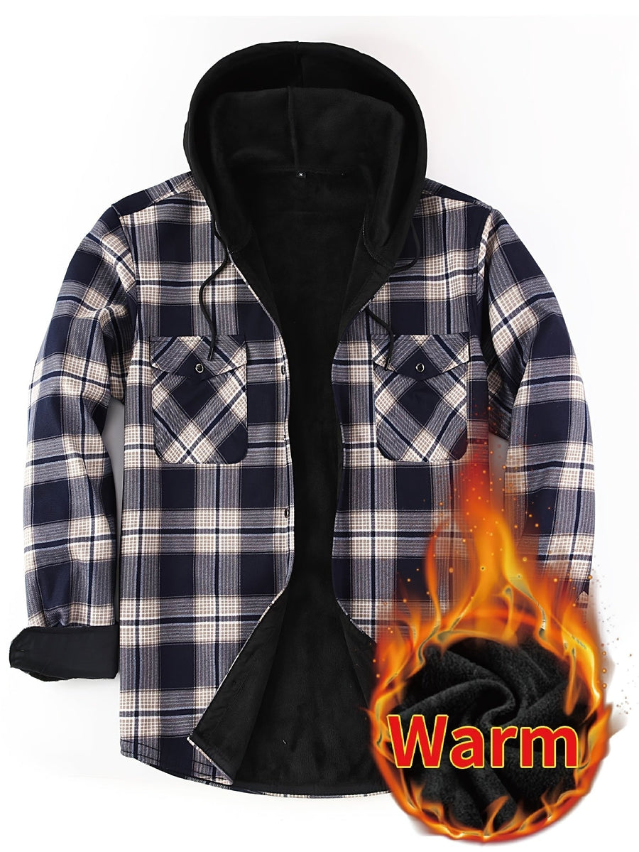 Men���s Plaid Hooded Thermal Flannel Shirt Jacket