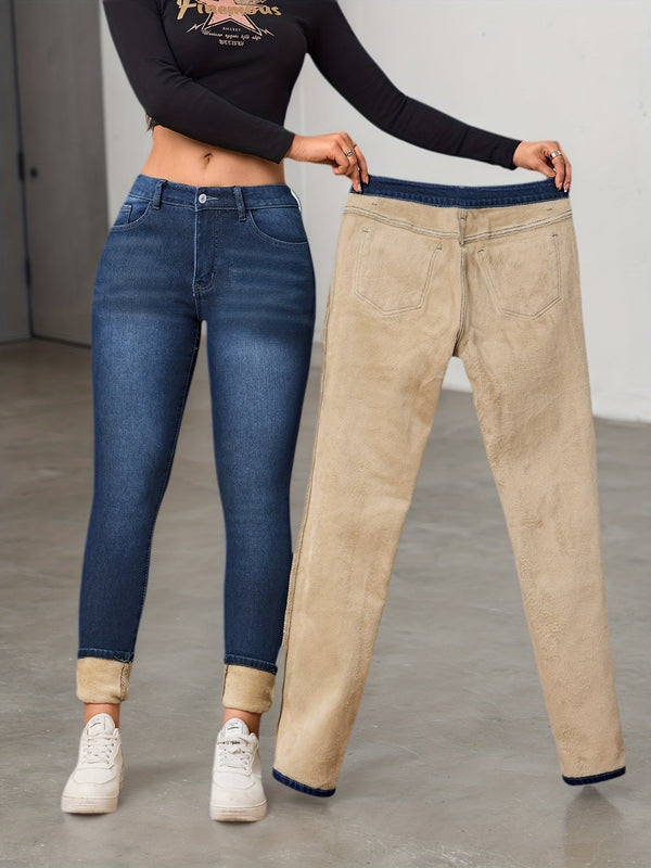 Damjeans med Foder och Hög Midja, Mellanblå