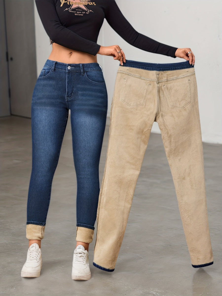 Damjeans med Foder och Hög Midja, Mellanblå