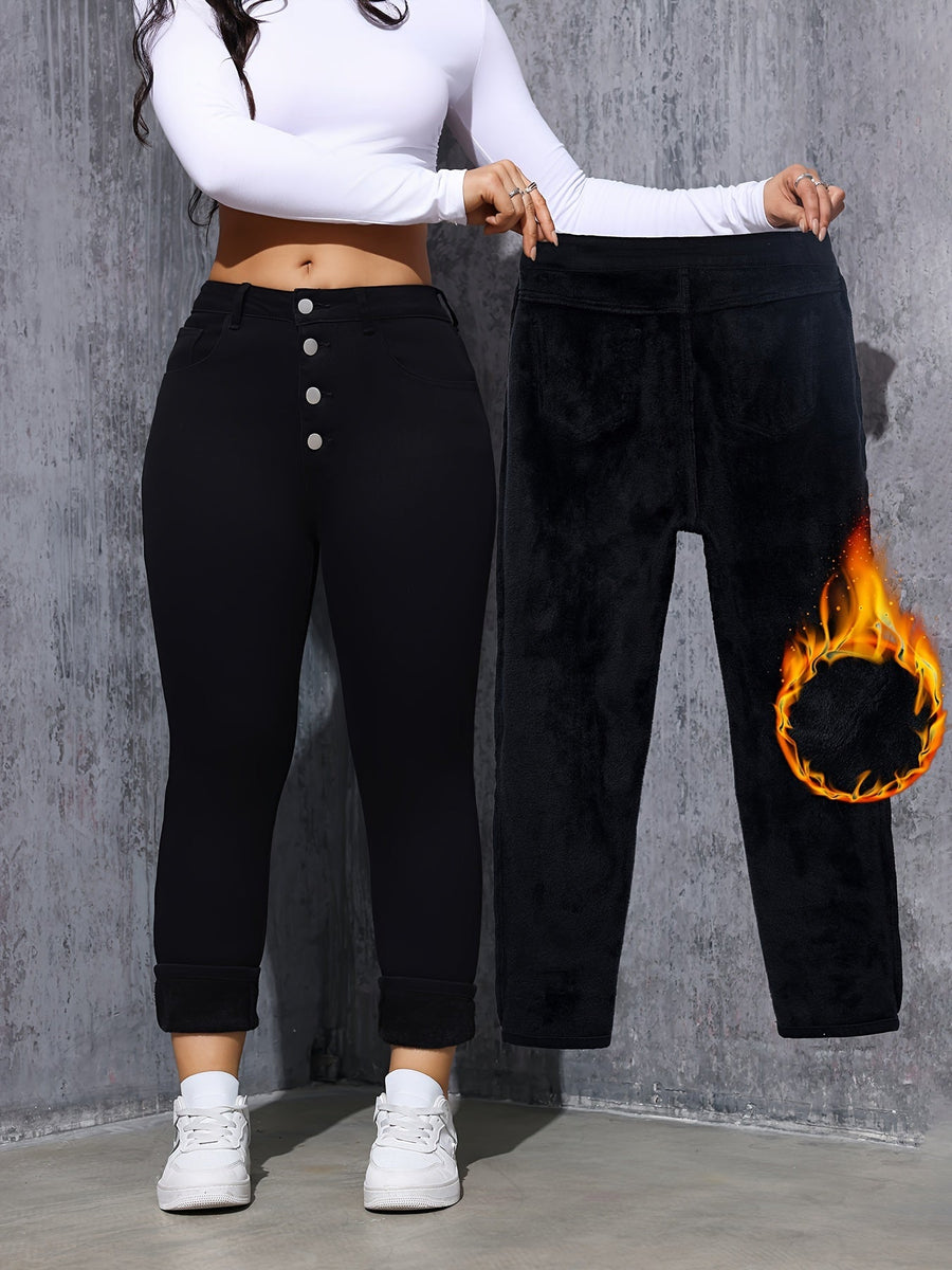 Svarta Damjeans med Hög Midja och Knappar, Fodrade